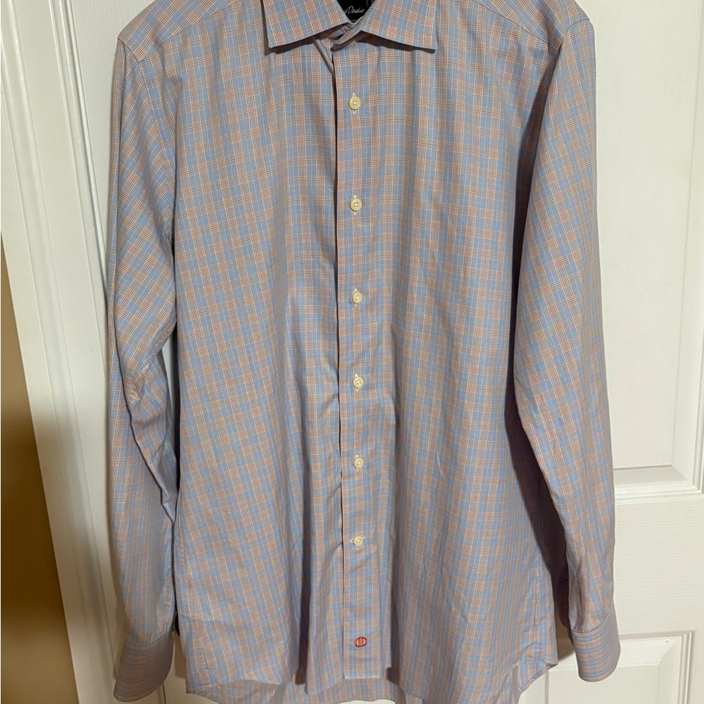 David Donahue Blue and Peach Check Dress Shirt